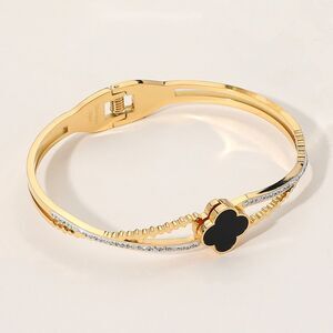 Gold Black Quatrefoil Clover Bracelet Bangle Hinged Rhinestone Crystal